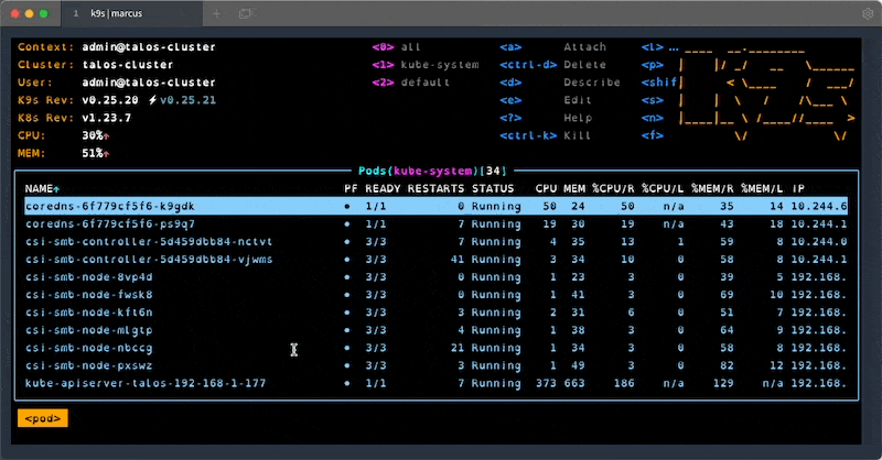 Preview of k9s in action, showing a few of the actions available